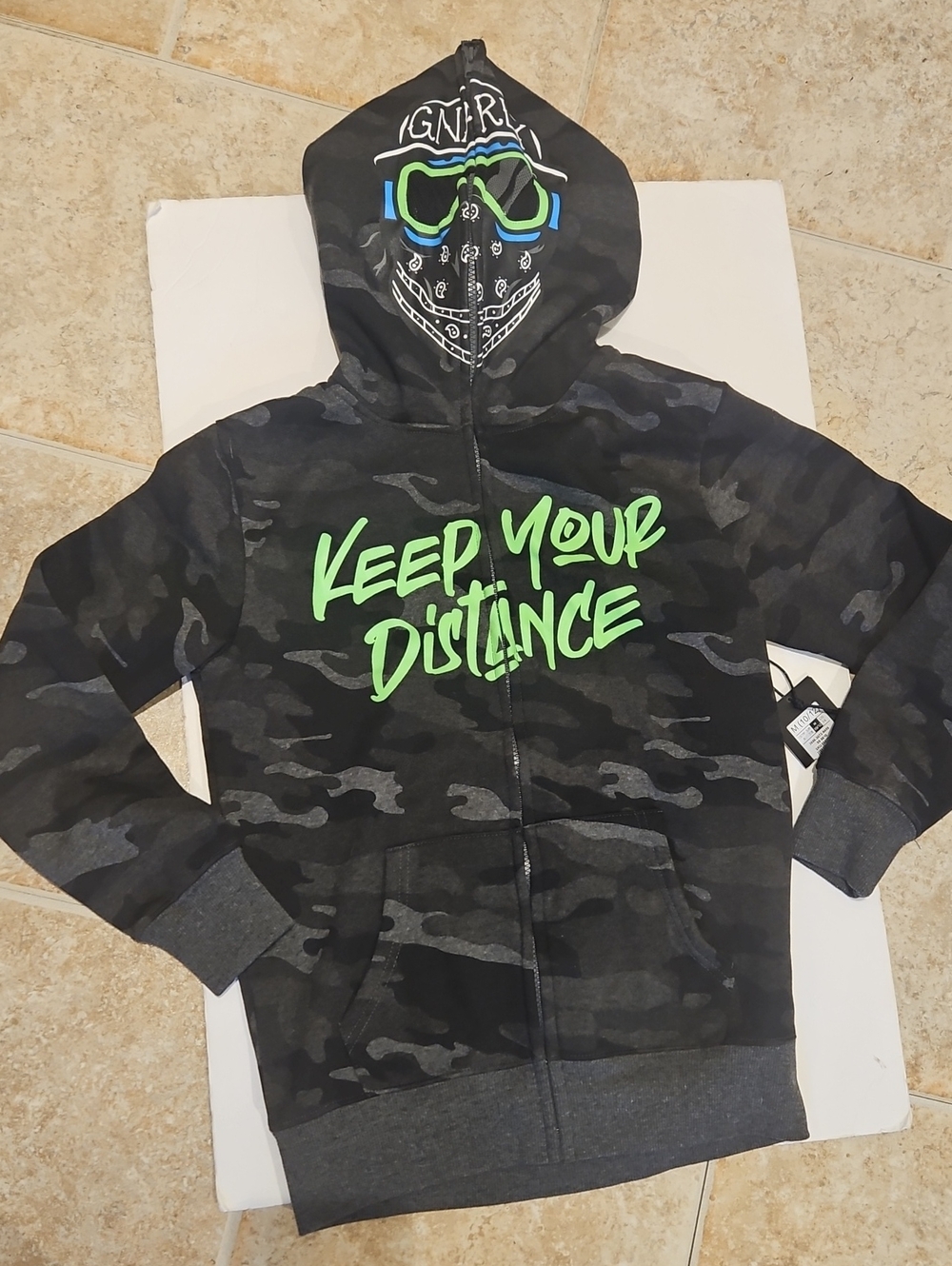 Boys Black Camo Zip Hoodie with Neon Green 'Keep Your Distance' Graphic